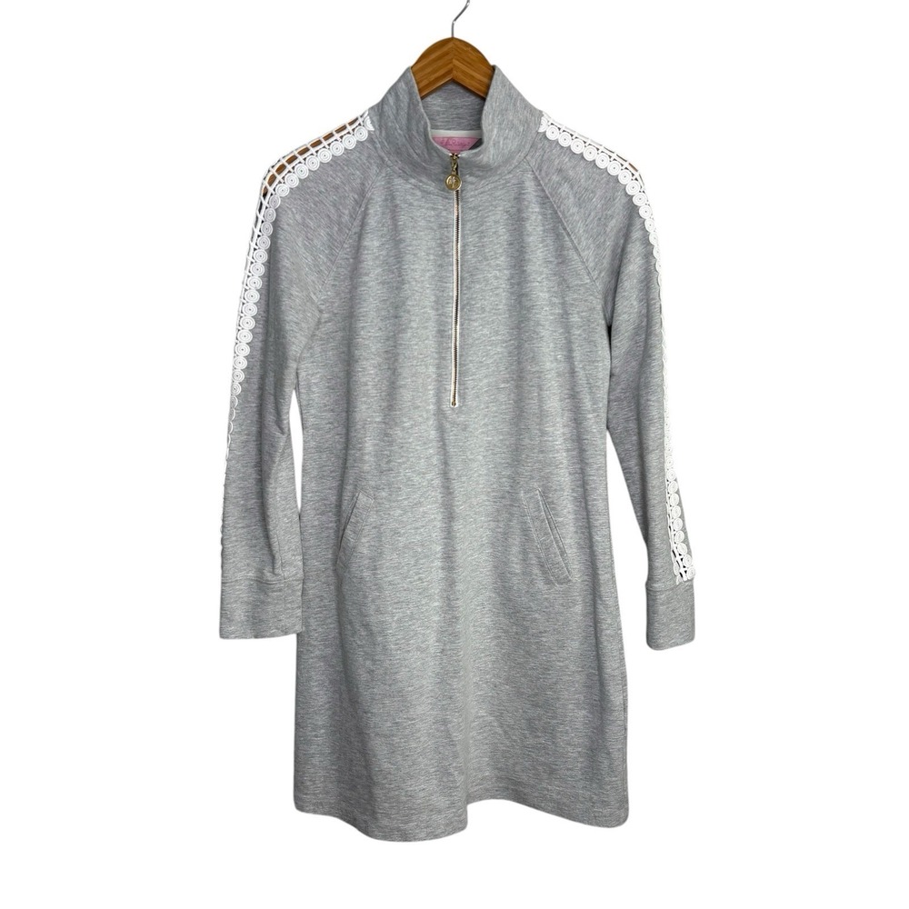 Lilly Pulitzer Women's Sweater Dress Small Gray Long Sleeve Crochet Pockets Zip